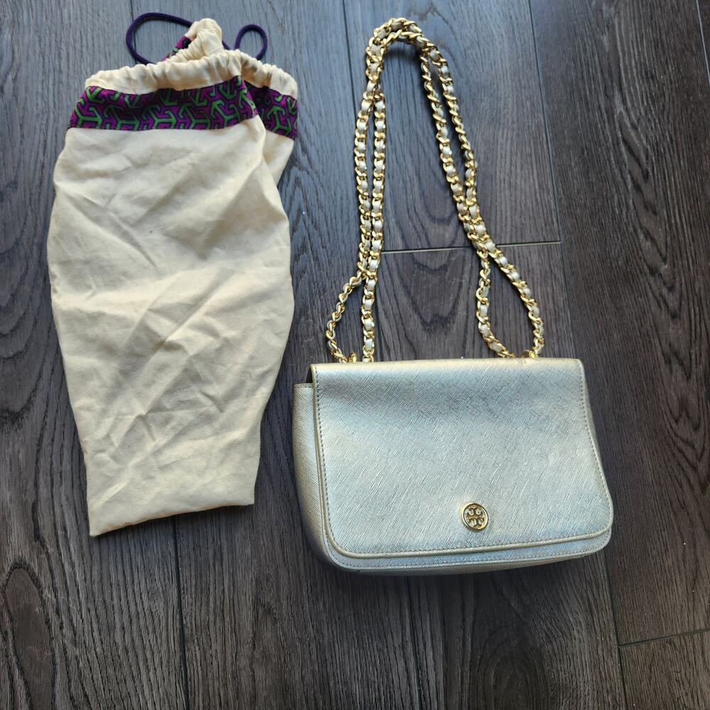 Tory Burch Silver Saffiano Leather Robinson Flap Shoulder Bag